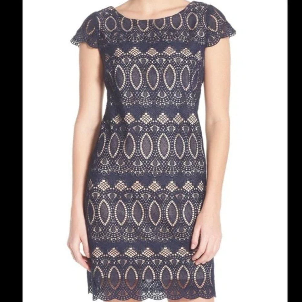 Eliza J Scalloped Crochet Lace Sheath Dress Navy Nude 4